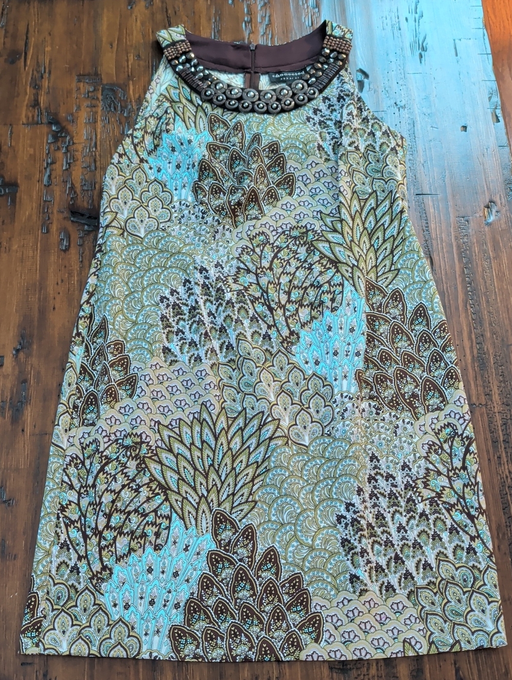 Connected Apparel Beaded-Neckline Aqua and Brown A-Line Dress Size 16
